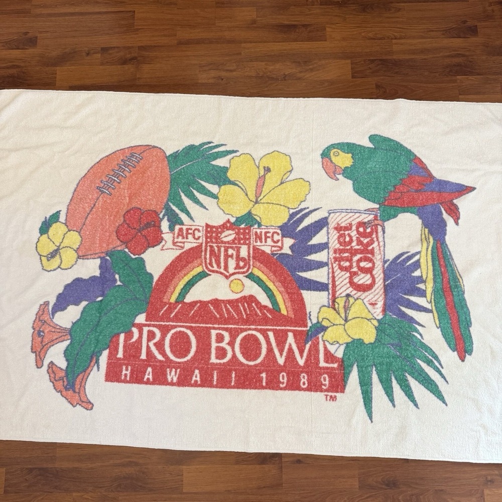Vtg 80 90s Dundee NFL Pro Bowl Beach Towel Hawaii Diet Coke Parrot Tropical 1989